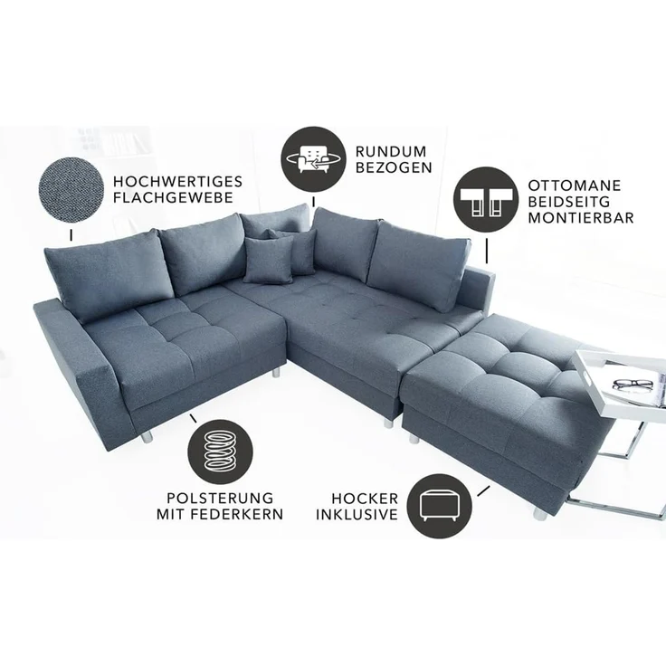 riess-ambiente Ecksofa KENT 220cm anthrazit, Set 2 Teile, Wohnzimmer · Couch · Stoff-Bezug · Federkern · inkl. Hocker · Design – Bild 5