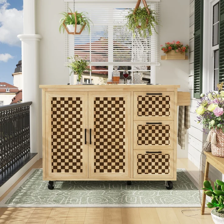 Merax Kücheninsel, Schrank, Buffetschrank, ausziehbarer Küchenwagen mit Rollen, mit Handtuchhalter, Türfachregal, zwei Türen, drei Schubladen, Schachbrettmuster, Holzmaserung – Bild 5