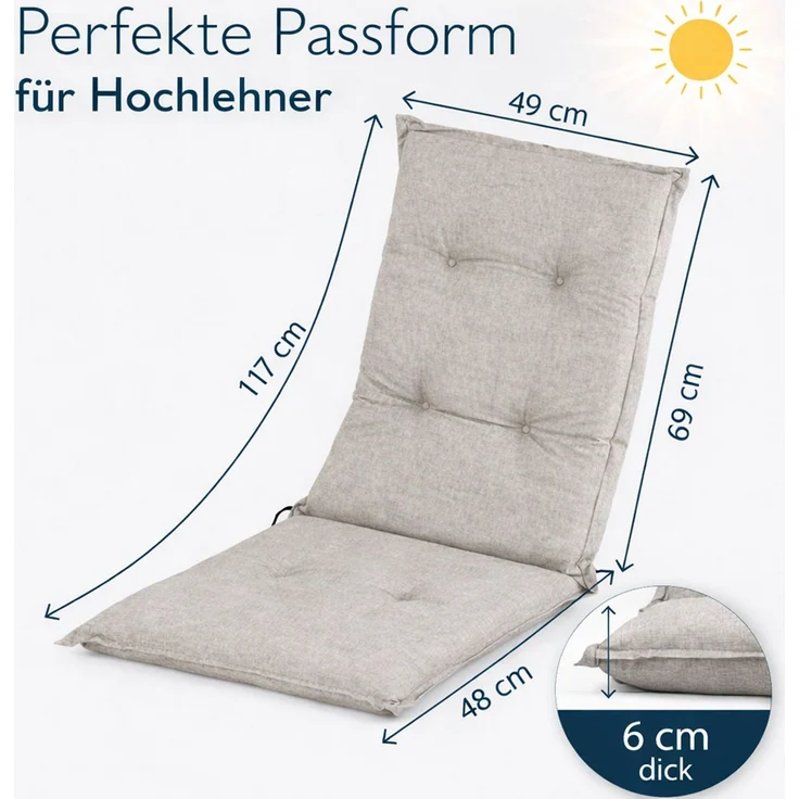 BURI 2x Hochlehner Auflage 117x49x6 cm - wetterfeste Gartenstuhlauflage mit Schaumkern & Vollvlies, Halteband & Bindebänder, bequemes Stuhlpolster für Balkon, Terrasse & Garten (Grau) – Bild 2