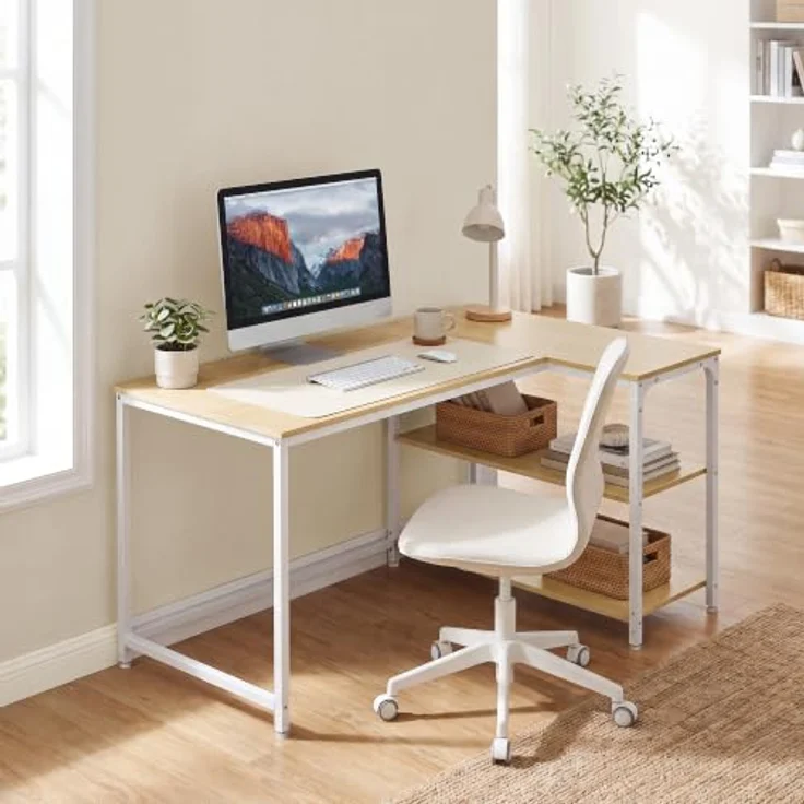 VASAGLE Eckschreibtisch in L-Form, Computertisch, 110 x 80 cm | mit Stauraum, höhenverstellbare Ablage, 2 AC-Steckdosen und 2 USB-Anschlüssen, Natürliche Eiche, BARNET Kollektion LWD135Y101 – Bild 2