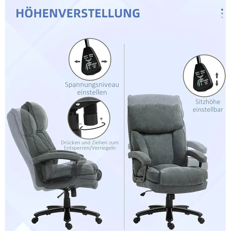 HOMCOM Bürostuhl Ergonomisch Schreibtischstuhl mit Wippfunktion, Leinenoptik (Computerstuhl, 1 St), bis 200 kg belastbat, für Home-Office, Grau – Bild 5
