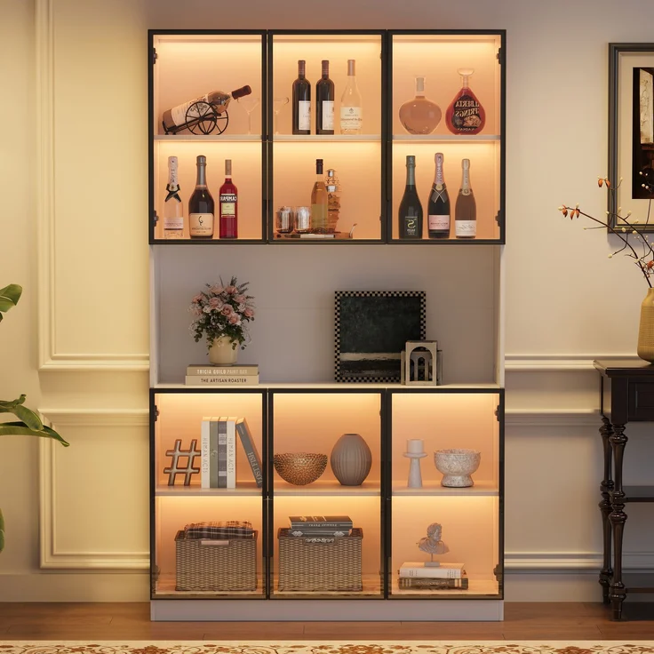 120*34*200cm Vitrine, Standvitrine mit 6 Schranktüren, Freilagerbereich, Hochschrank, Glasvitrine mit LED, Wohnzimmerschrank 120 cm breit, Multifunktionsschrank, Großer Schrank, Weiß--Weiß--120x34x200cm--YOUDENOVA – Bild 1