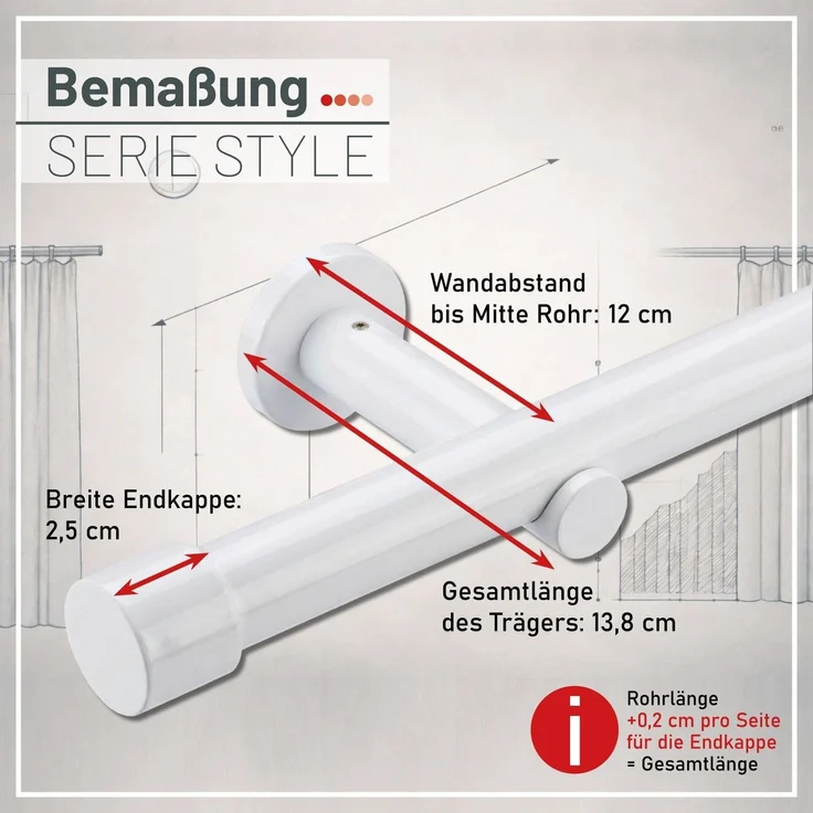 Deco-Raum® Gardinenstange 25mm 1-läufig Kappe | Länge: 230cm | Material: Metall | Farbe: Weiß – Bild 5