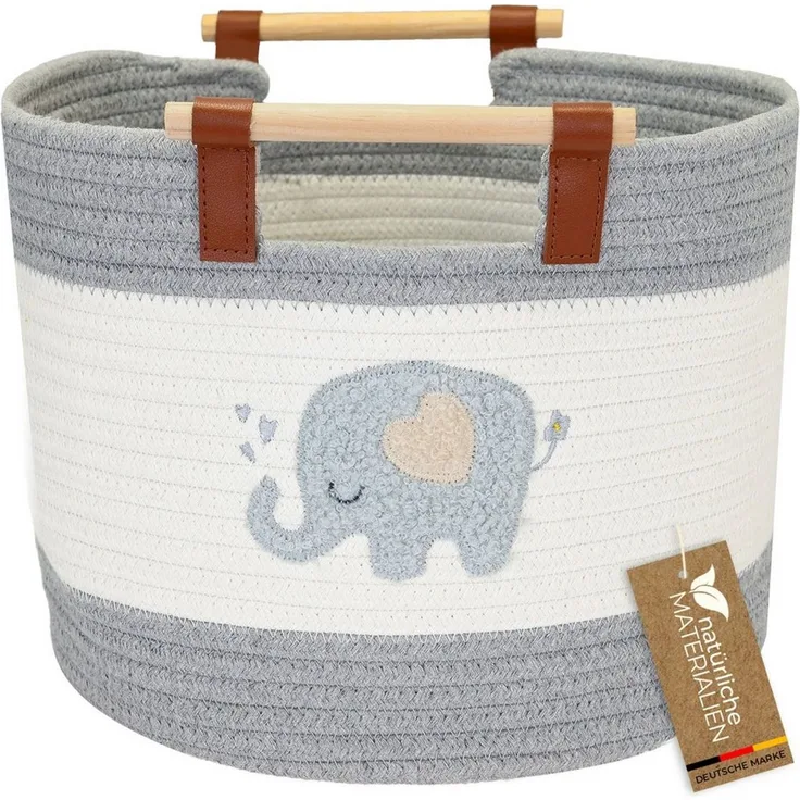 HMF Aufbewahrungskorb Aufbewahrungskorb mit Holzgriffen, runder Korb, Baumwolle für Kinderzimmer oder Babyzimmer, Elefant, 30 x 30 x 24 cm