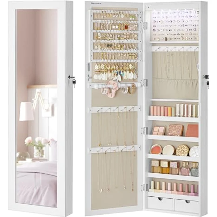 Songmics Schmuckschrank mit LED Beleuchtung und Spiegel, MDF Weiß-Greige, 10 x 37 x 120 cm – Bild 2