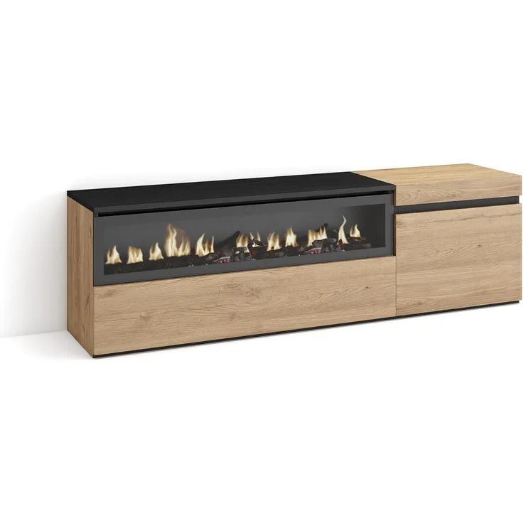 Skraut Home | TV-Schrank, Lowboard | für Wohnzimmer und Esszimmer | 150 x 45 x 35 cm | Für TV-Geräte bis zu 65" | Elektrokamin. Maße | Moderner Stil | Eiche Schwarz