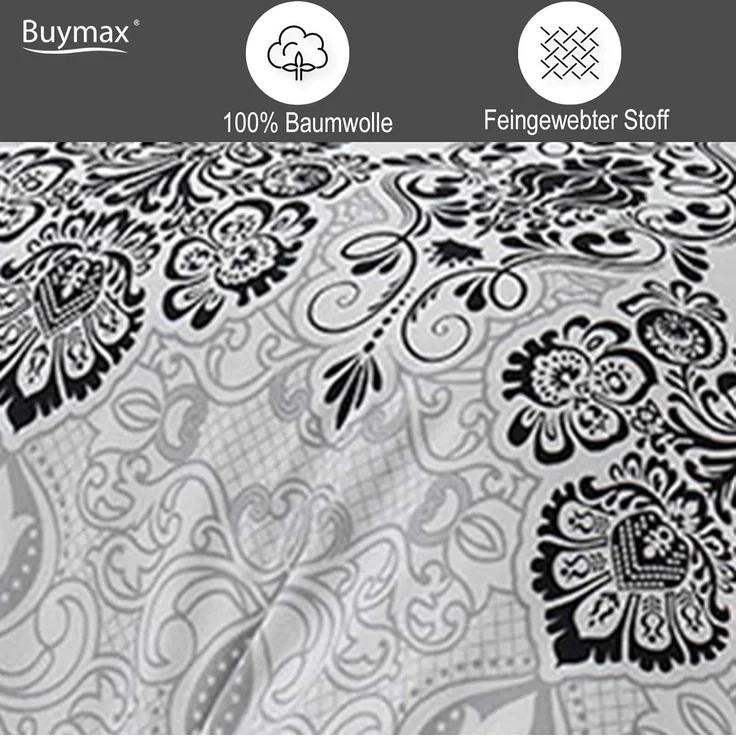 Buymax Bettwäsche Wendebettwäsche, Bettbezug-Set, Renforcé 100% Baumwolle, 3 teilig, 200x200 cm, elegant, mit Reißverschluss, Barock, Weiß, Grau – Bild 3