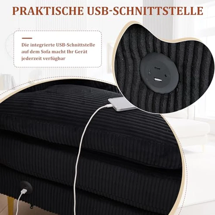 Ball & Cast U-förmiges Couch mit Schlaffunktion, Samt Sofa mit Lichtleiste und USB-Anschlüssen für das Wohnzimmer Wohnung Villa, 265 x 88 x 135 (BxHxT), Schwarz – Bild 6