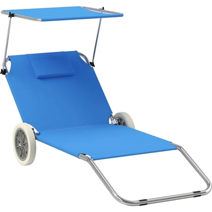 Outsunny 2er Set Sonnenliege, klappbare Gartenliege mit verstellbarem Kopfkissen und Sonnendach, blau, für Garten und Pool – Bild 1