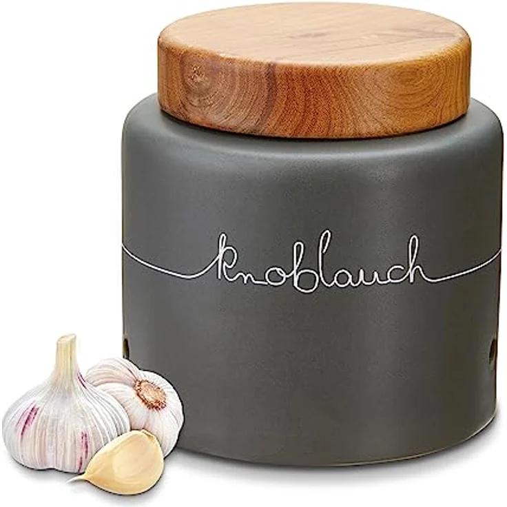 KHG Knoblauch Aufbewahrung Keramik Steingut poliert, Anthrazit Grau Holz-Deckel Bambus, Knoblauchdose Kapazität 250 g oder 1,5 Liter, rund & mit Beschriftung, Knoblauch Behälter Höhe 13,5 cm & 13,5 cm – Bild 9