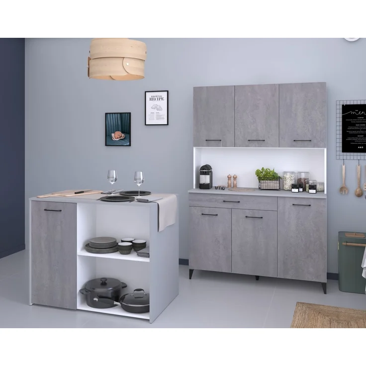 Mehrzweckschrank-Set >Malice 4< (2-teilig) Buffet + Beistellschrank/Insel, in Beton Optik hell / weiß – Bild 2