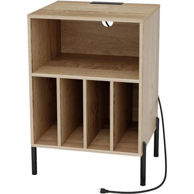 COSTWAY Nachttisch, Plattenspieler-Ständer mit Ladestation, Regal – Bild 4