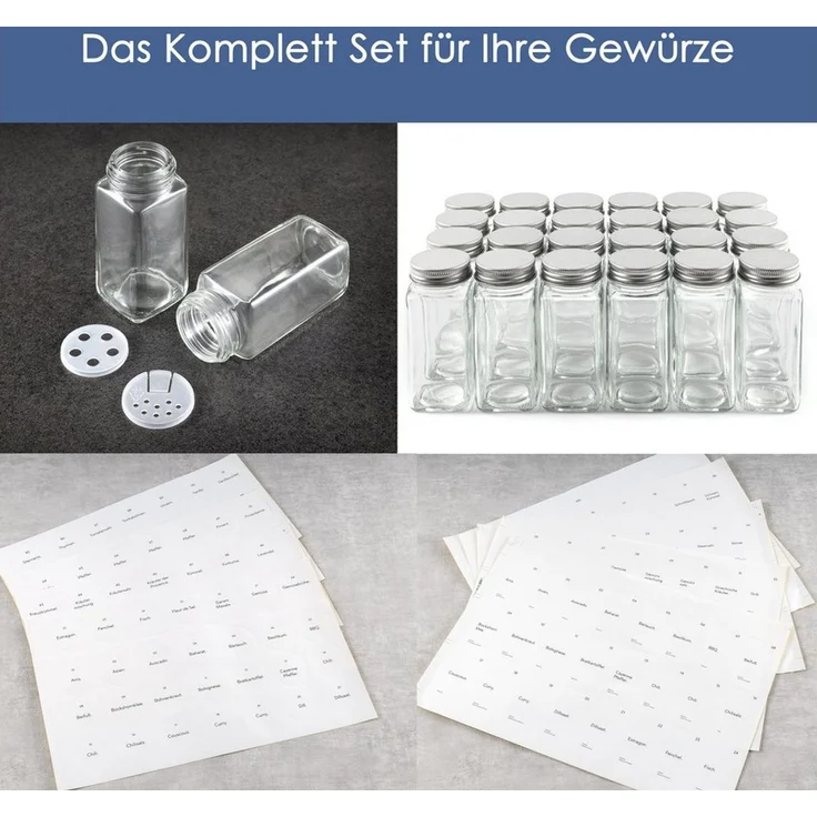 Hanseküche Gewürzbehälter Gewürzgläser Set mit Streueinsatz, Glas, (24 Gewürzgläser, 2-tlg, Set inkl. Zubehör), inkl. Ersatzstreueinsätze, Trichter und Reinigungsbürste – Bild 2
