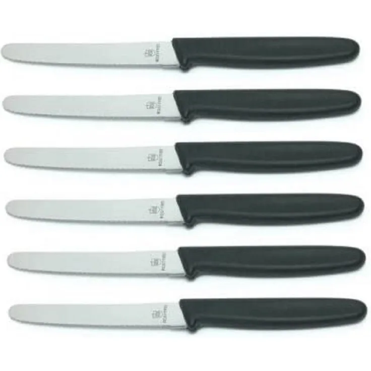 6 Stück Tafelmessser 10299 Menümesser Tischmesser Buttermesser Brötchenmesser / Klinge Eldelstahl rostfrei Wellenschliff / Griffe Kunststoff schwarz