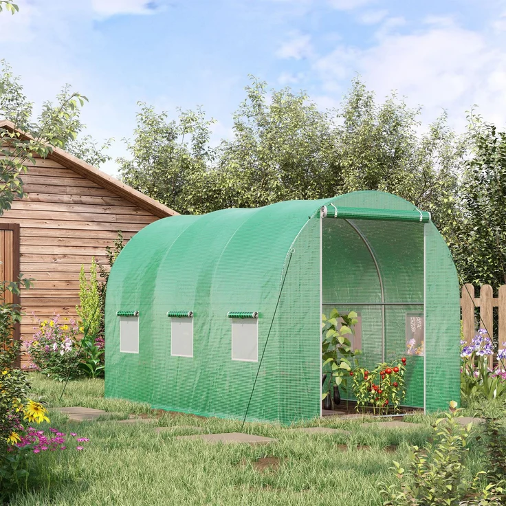 Wohnora-Tunnelgewächshaus, 6 m² Grundfläche, 3 m L x 2 m B x 2 m H, Stahl, Reißverschlusstür, 6 aufrollbare Fenster, Grün,H 1980cm x T 1500cm x B 1960cm – Bild 1