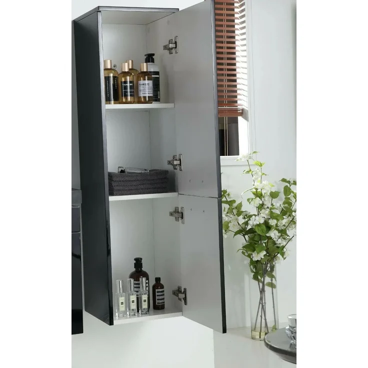 Faizee Home Badmöbelset 90 cm Schwarz Hochglanz inkl. Keramik-Waschbecken, LED-Spiegel & 1x Seitenschrank rechts – Bild 2