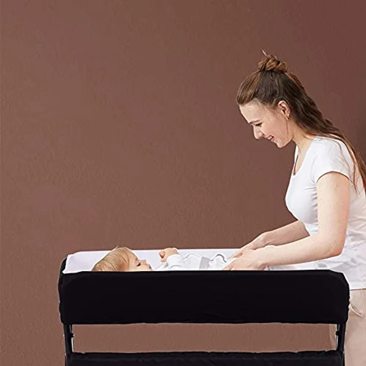 Wickeltisch, faltbar und tragbar, mit Aufbewahrung, Sicherheitsgurt, platzsparend und stabil, klappbarer Wickeltisch, Babyzimmer, höhenverstellbar (schwarz und weiß) – Bild 9