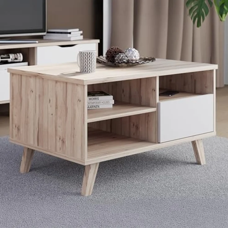 Forte VANNKA Couchtisch 90, Tisch mit offenen Fächern und Schublade, Holzwerkstoff, Planked Eiche Dekor/Weiß, 90 cm breit, 51,1 cm hoch, 60 cm tief – Bild 6