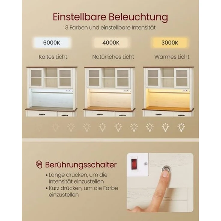 VASAGLE Küchenschrank mit Beleuchtung und Ladestation, mit Türen und Schubladen, 39,5 x 106,5 x 180,6 cm – Bild 3