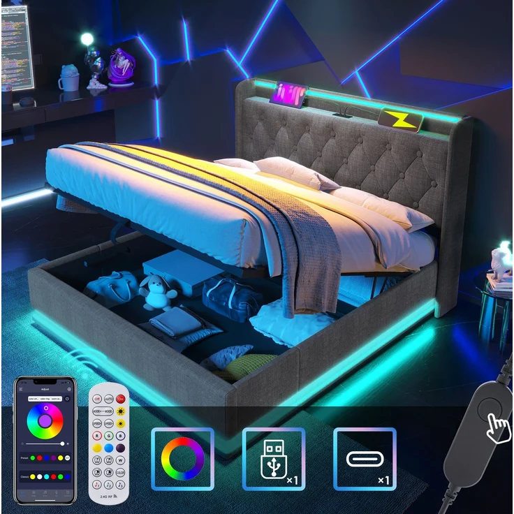 Polsterbett Leinen mit LED, USB-Anschluss & Stauraum, 140x200 cm, Grau, mit Matratze – Bild 3