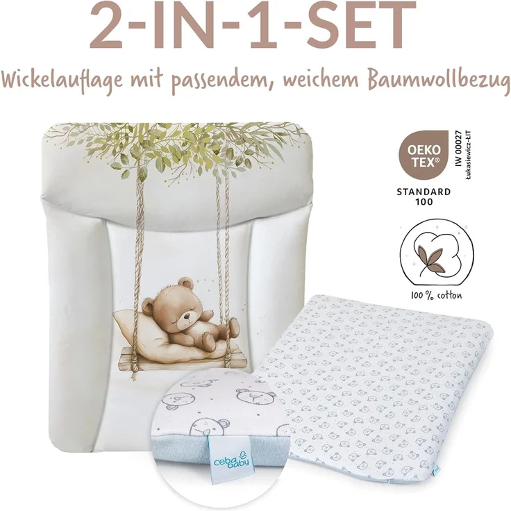 Ceba Baby® Wickelauflage 50x70 cm – Weiche Baby Wickelunterlage - Wasserdicht, abwaschbar - inkl. abnehmbarem Baumwollbezug – Für Jungen und Mädchen – OEKO-TEX® Standard 100 – Made in EU – Bild 2