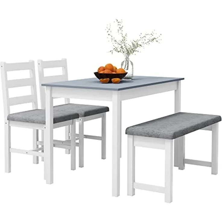 HOMCOM Essgruppe Esstisch mit 2 Gepolsterten Stühlen, Bank, (Esszimmergruppe, 4-tlg, Esstisch-Set), für Küche, Esszimmer, Kiefernholz, Grau+Weiß