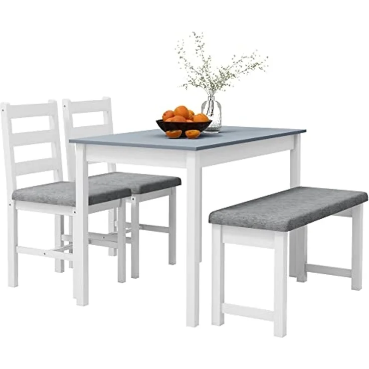 HOMCOM Essgruppe Esstisch mit 2 Gepolsterten Stühlen, Bank, (Esszimmergruppe, 4-tlg, Esstisch-Set), für Küche, Esszimmer, Kiefernholz, Grau+Weiß – Bild 1