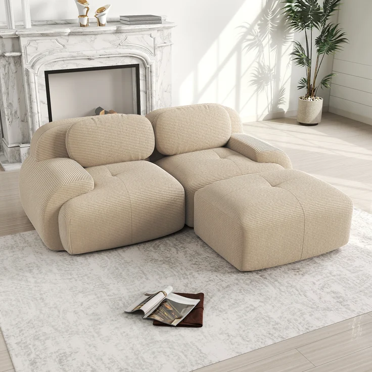 Ecksofa aus weichem Cordstoff,modular kombinierbar mit gebogenen Armlehnen ohne Montage hochelastische Schaumstoffpolsterung für Wohnzimmer Ruhezonen und Schlafzimmer,Cordstoff,Beige, – Bild 2