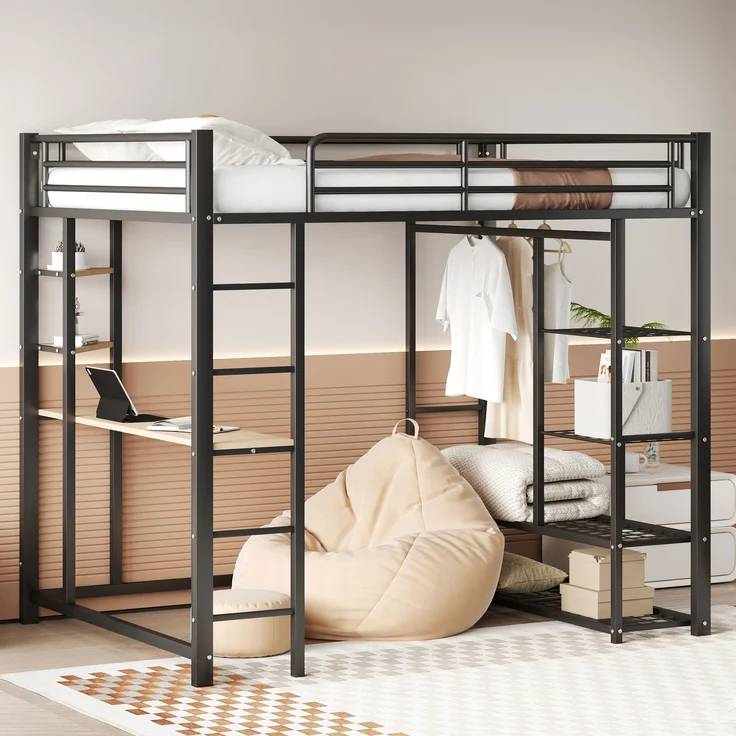 ZUBALIYA Metall-Hochbett mit Leiter 140x200 cm, Juniorbett Doppelbett mit Tisch mit einfachen Kleiderbügeln mit Ablagefächern, Schwarz – Bild 4