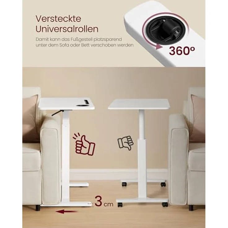 VASAGLE Beistelltisch mit Rollen, mobiler Stehtisch, 70 x 40 cm große Tischplatte, verstellbare Höhe, 2 Getränkehalter, Schlitz für Handy oder Tablet, wolkenweiß – Bild 6