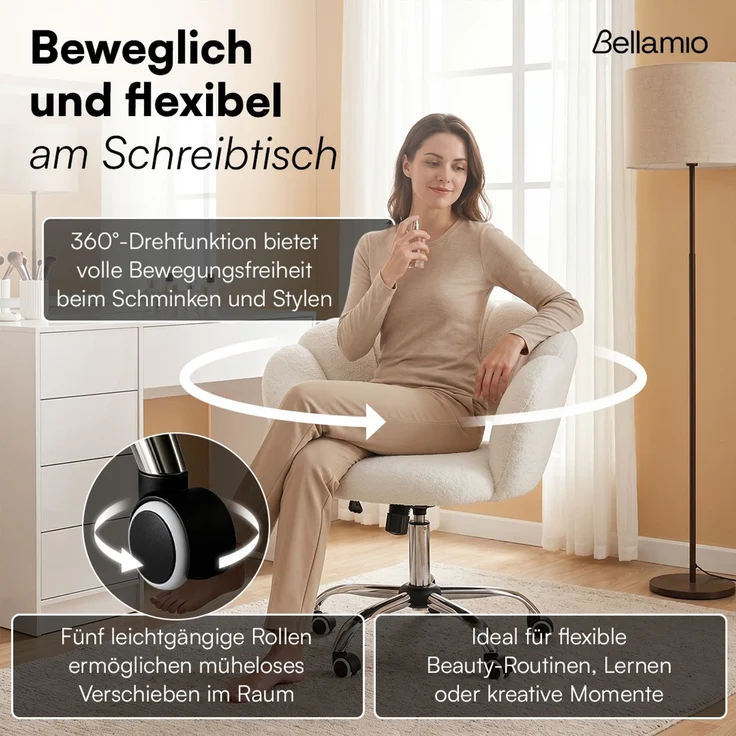 Bellamio 'Livny' Set aus Schminktisch mit Spiegel und Wolkenstuhl, LED-Beleuchtung, mit 5 Schubladen, beidseitig montierbar, weiß Hochglanz, 80x53x110 cm, LED-Beleuchtung mit mit 3 einstellbaren Lichtfarben – Bild 5