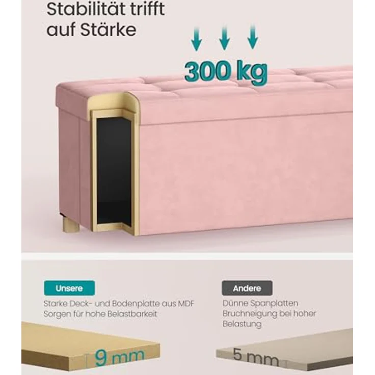 SONGMICS Sitzbank mit Stauraum, Hocker faltbar, 38 x 76 x 38,5 cm, Aufbewahrungsbox mit Deckel, Fußhocker 77 L, Samt, bis 300 kg belastbar, Flur Wohnzimmer Schlafzimmer, pastellrosa LSF0517R01 – Bild 5
