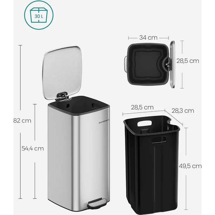 SONGMICS Mülleimer Küche, 30 Liter Abfalleimer, Tretmülleimer, Stahl, mit Inneneimer, Softclose, Offenhaltefunktion, metallicsilber LTBDE593E01 – Bild 4