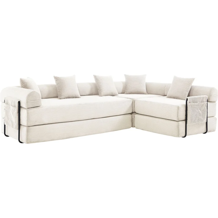 LVHOM Schlafsofa 5-Sitzer, Klappsofa mit Schlaffunktion, Bodensofa mit Seitentaschen, Ecksofa aus Cordstoff, frei Kombinierbar, Beige – Bild 2