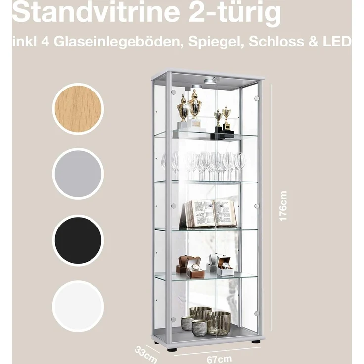 K-Mbel Glas Vitrinenschrank 2-trig (176x67x33cm) - Made in Germany - Standvitrine Silber / Alu mit 4 hhenverstellbaren Glasbden, Spiegel, Schloss & LED - Glasvitrine Stehend - Sammler – Bild 2