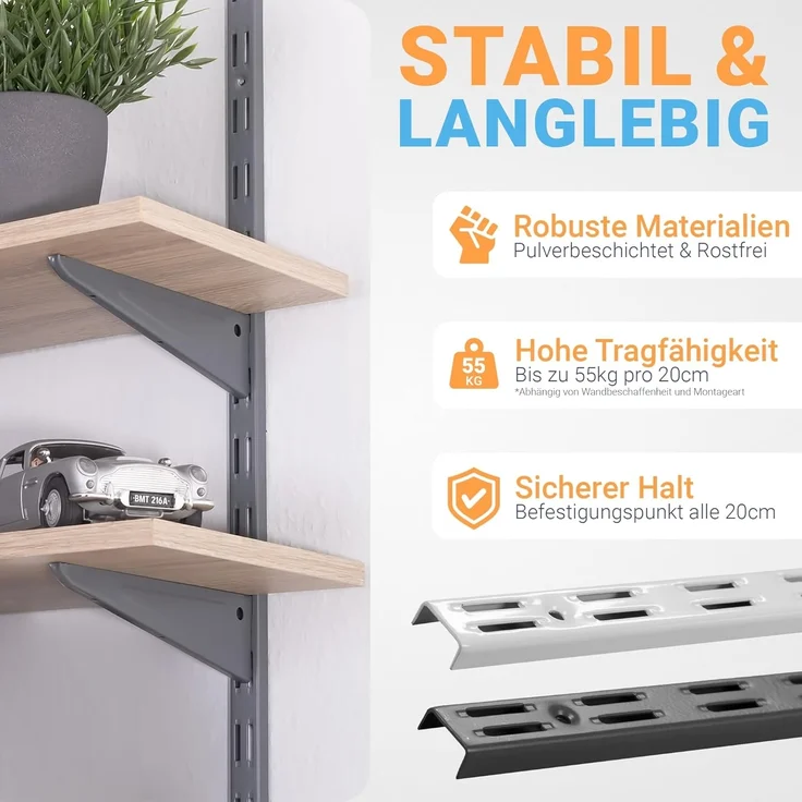 BOOMET Wandregalhalter Wandschienen für Regalsystem 2-reihig, 4-tlg, Anthrazit 50cm Regalschienen Wandregal Schiene – Bild 3