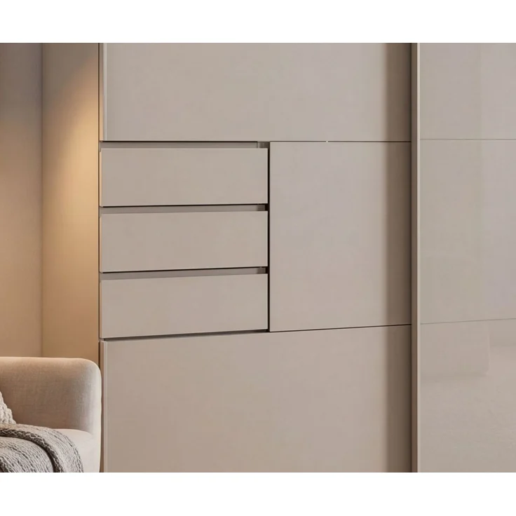 Schwebetürenschrank Kleiderschrank 3-trg 270 cm Beige Grau Glasfront Schubkästen – Bild 4