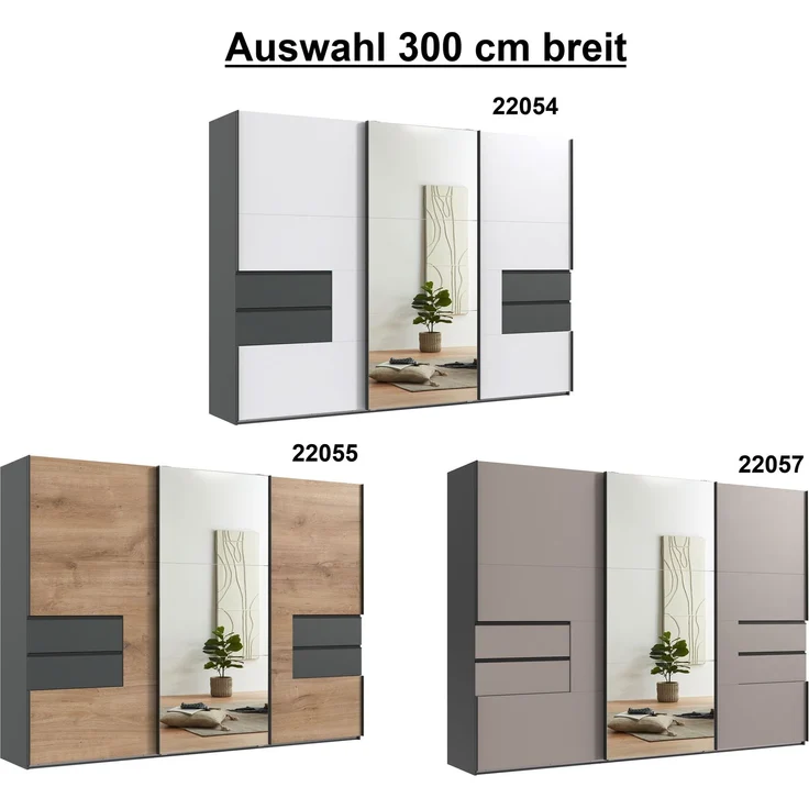 Schwebetürenschrank Kleiderschrank 300 cm Spiegel Schubladen Grafit, Eiche Dekor – Bild 8