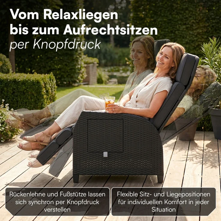 STEELSØN 'Caelum' Polyrattan Sessel mit Liegefunktion, schwarz, verstellbare Rückenlehne, inkl. Polster, Ausklapptisch, wetterfest – Bild 2