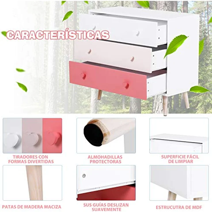 HOMCOM Kommode für Kinder, Holz, rosa, 90 x 42 x 80 cm – Bild 6