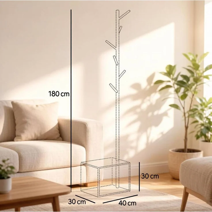 Garderobenständer 40 x 30 x 180 cm mit 6 Haken und Stauraum – MDF und massives Bambusholz – Bild 4