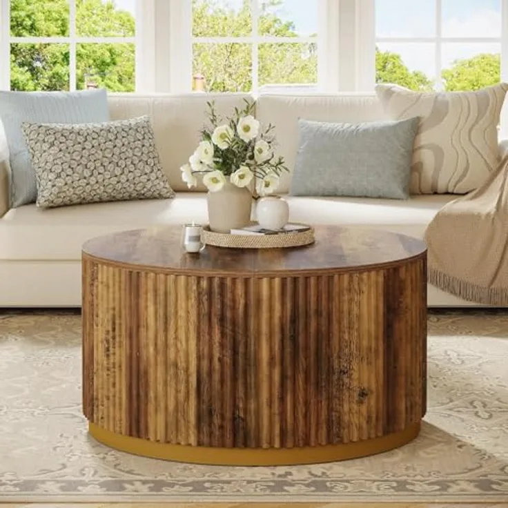 LITTLE TREE Runder Couchtisch, Gerilltes Holz mit Goldenem Metallsockel, 80 cm Durchmesser, Rustikales Braun, Massivholz, Mid-Century Modern für Wohnzimmer