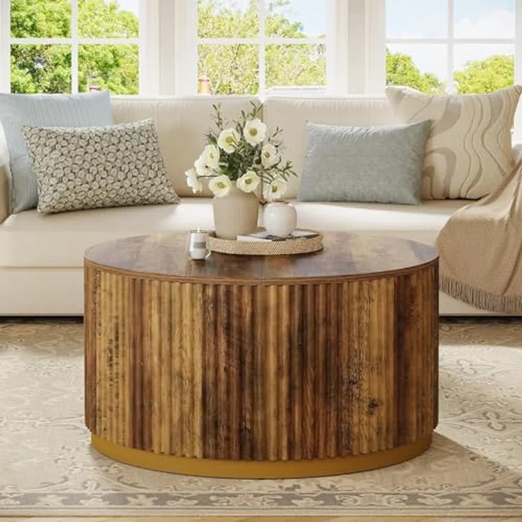 LITTLE TREE Runder Couchtisch, Gerilltes Holz mit Goldenem Metallsockel, 80 cm Durchmesser, Rustikales Braun, Massivholz, Mid-Century Modern für Wohnzimmer – Bild 1