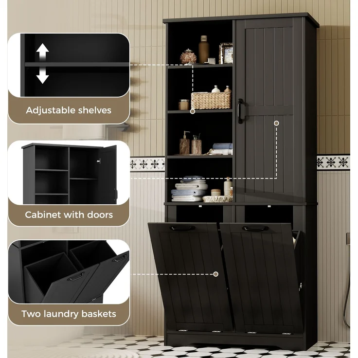 Badezimmerschrank 78 x 35 x 172,7 cm mit 2 Wäschekörben und verstellbarem Einlegeboden – Schwarz – Bild 8