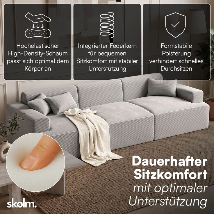 skølm 'Freki' Cloud Sofa 3 Sitzer, Vollschaumcouch mit Federkern und Vakuum-Kompression, kein Aufbau erforderlich, mit 3 Kissen, Cord grau – Bild 2