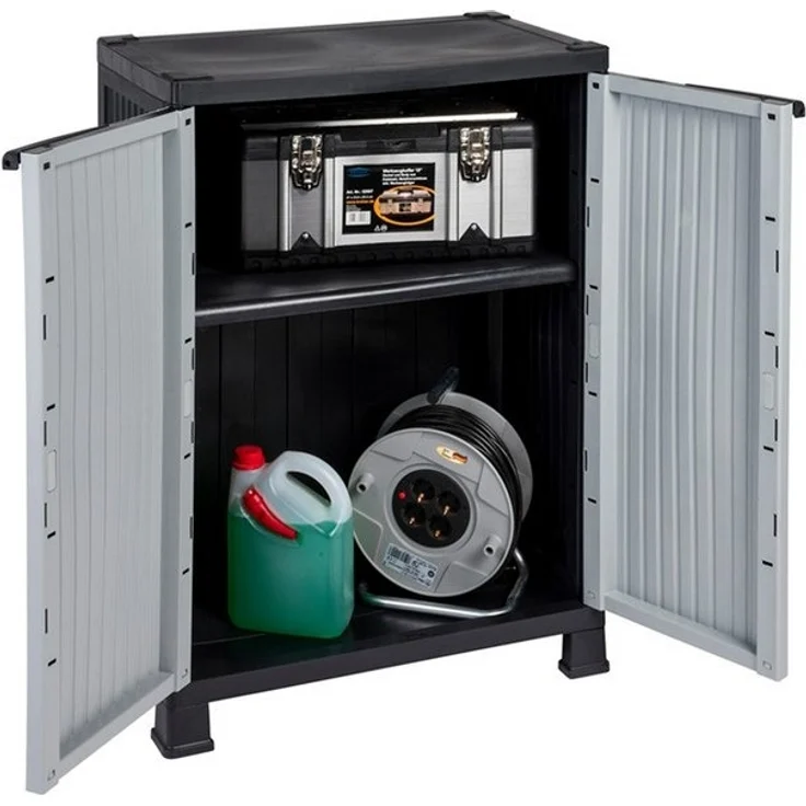 Kreher Mehrzweckschrank 'MADERA' im Rattan Design mit 1 Einlegeboden (Schwarz/Grau) Rattan Design, Pflegeleichtes Material, Langlebig, UV-beständig – Bild 2