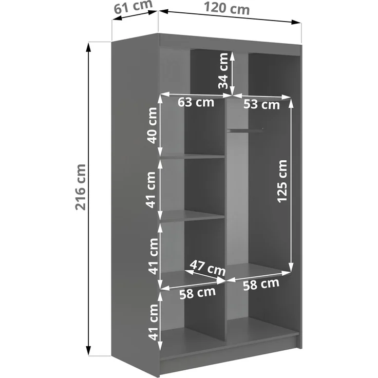 Schwebetürenschrank VERONA mit großer Spiegelfront, moderner Kleiderschrank, Breite 120 cm - Grau, inkl. Innenausstattung – Bild 5