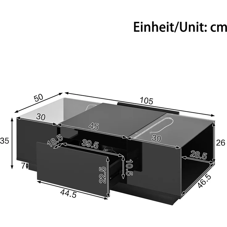 LED-Couchtisch 105×50×35 cm Schwarz Hochglanz Tisch mit Glasplatten, LED-Beleuchtung steuerbar via Bluetooth und App – Bild 7