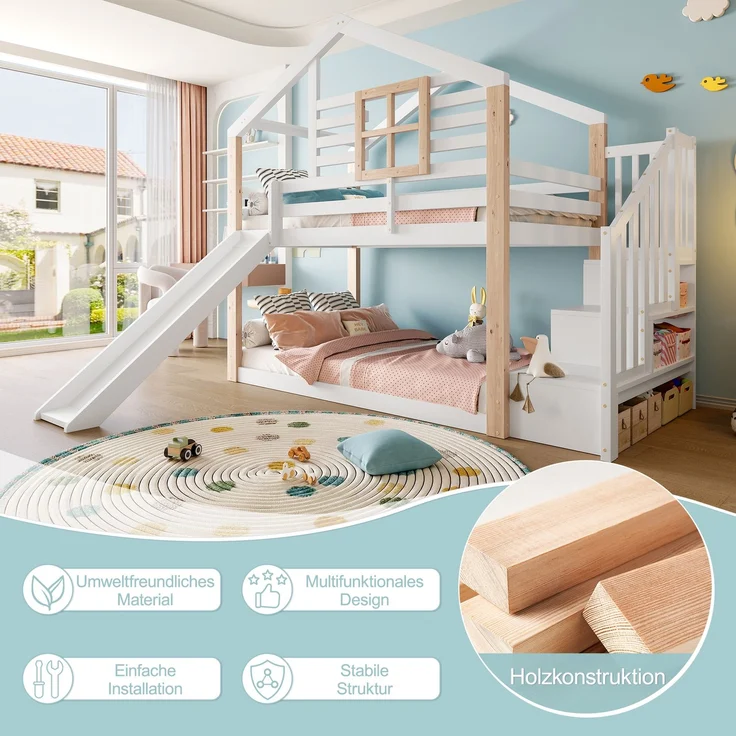 TavilaEcon Etagenbett Kinder-Etagenbett mit Rutsche und Treppe im skandinavisches Stil weiß Liegefläche 90 × 200 cm – Bild 4
