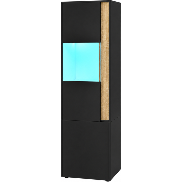 Vitrine, Aufbewahrungsmöbel, hoher Schrank mit LED-Beleuchtung, 2 Türen (eine davon aus Acryl). Geeignet für Wohnzimmer, Büros und Küchen. Schwarz+Natural. Maße: B50 x T40 x H179 cm. – Bild 8